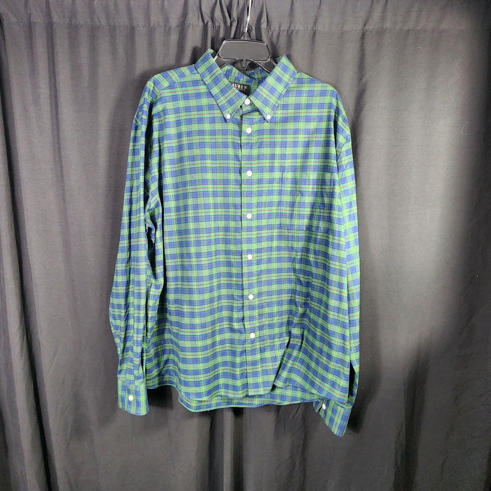 Lauren Ralph Lauren Mens 2XL Green Blue Plaid Soft Stretch Regular Fit Shirt